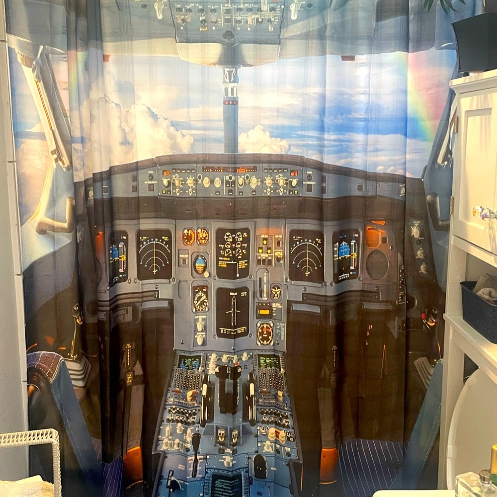 Airplane cockpit shower curtain and bath mat